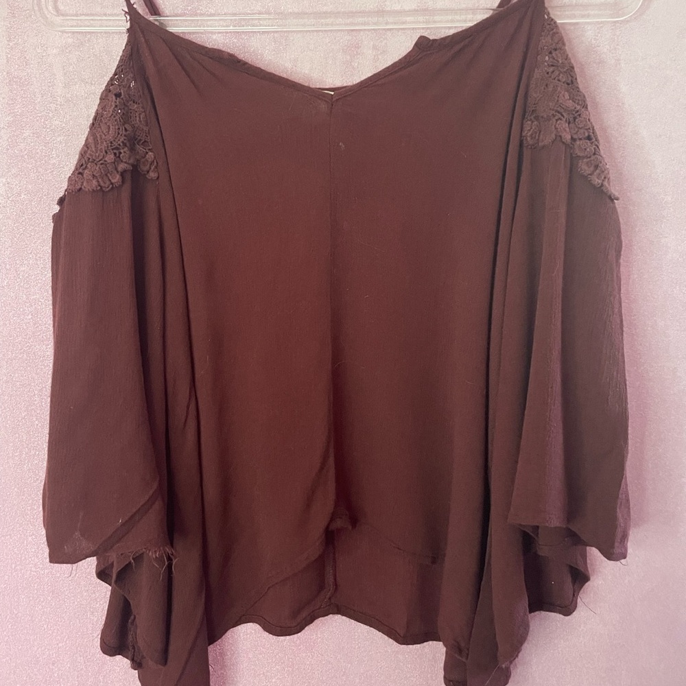 Brand: Love Dark Maroon Women's Over the Shoulder Blouse with Lace Detail
